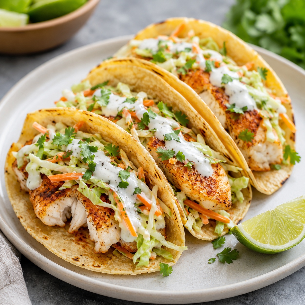 Cod Tacos with Cabbage Slaw and Lime Yogurt