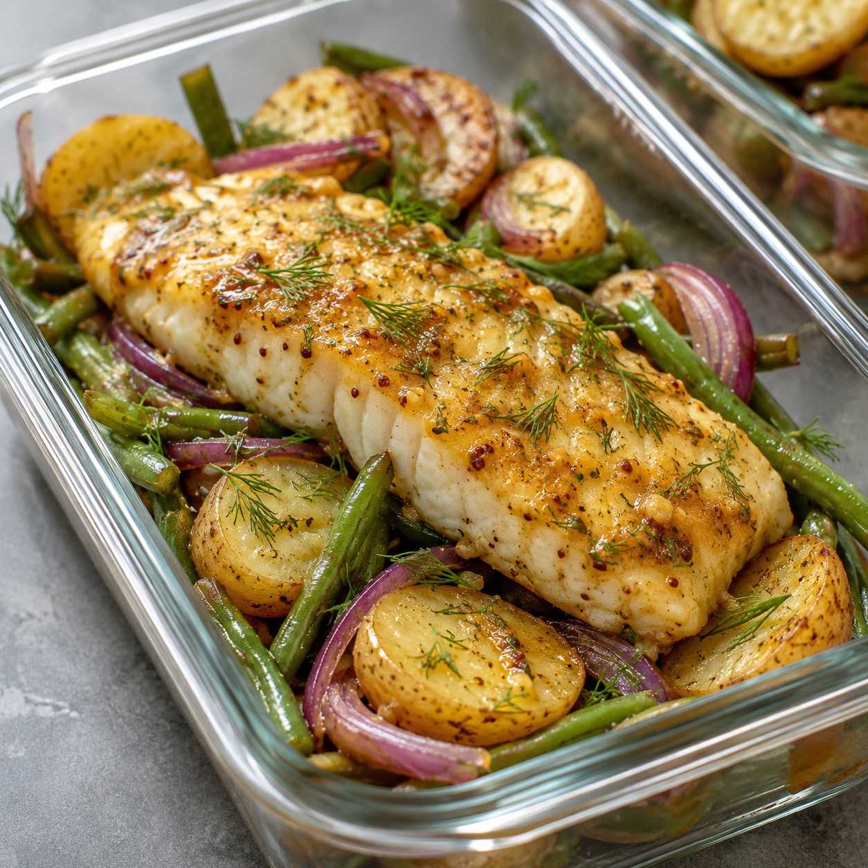 Maple Mustard Cod with Potato and Green Bean Bake