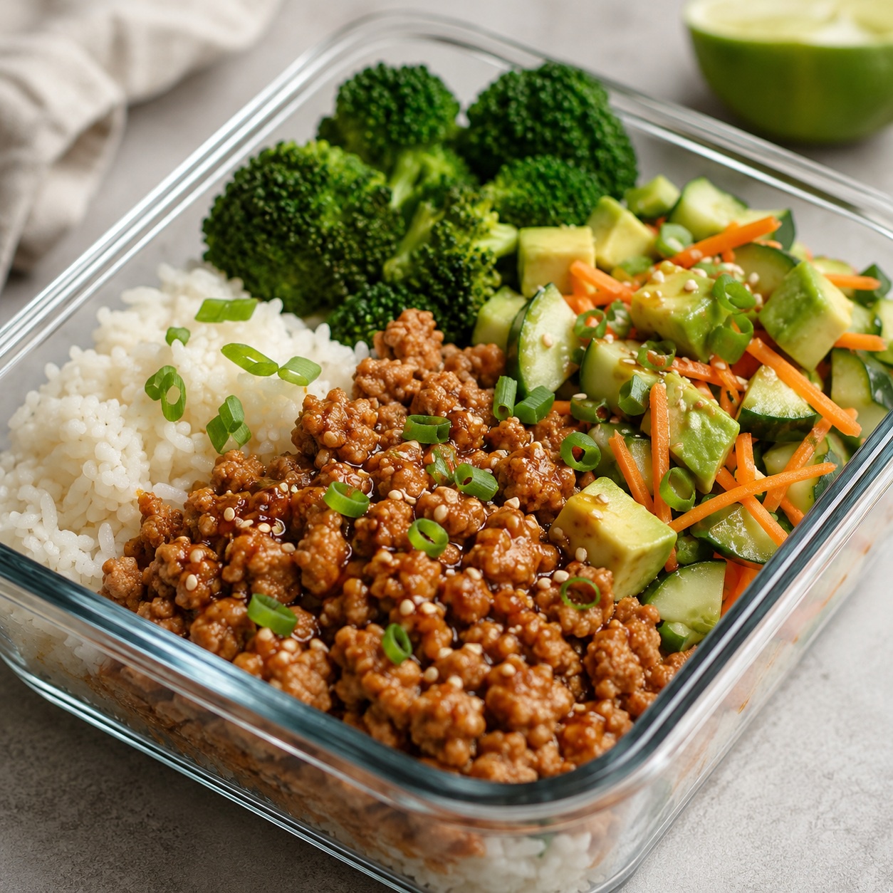 Sesame Turkey Rice Box with Cucumber Avocado Slaw