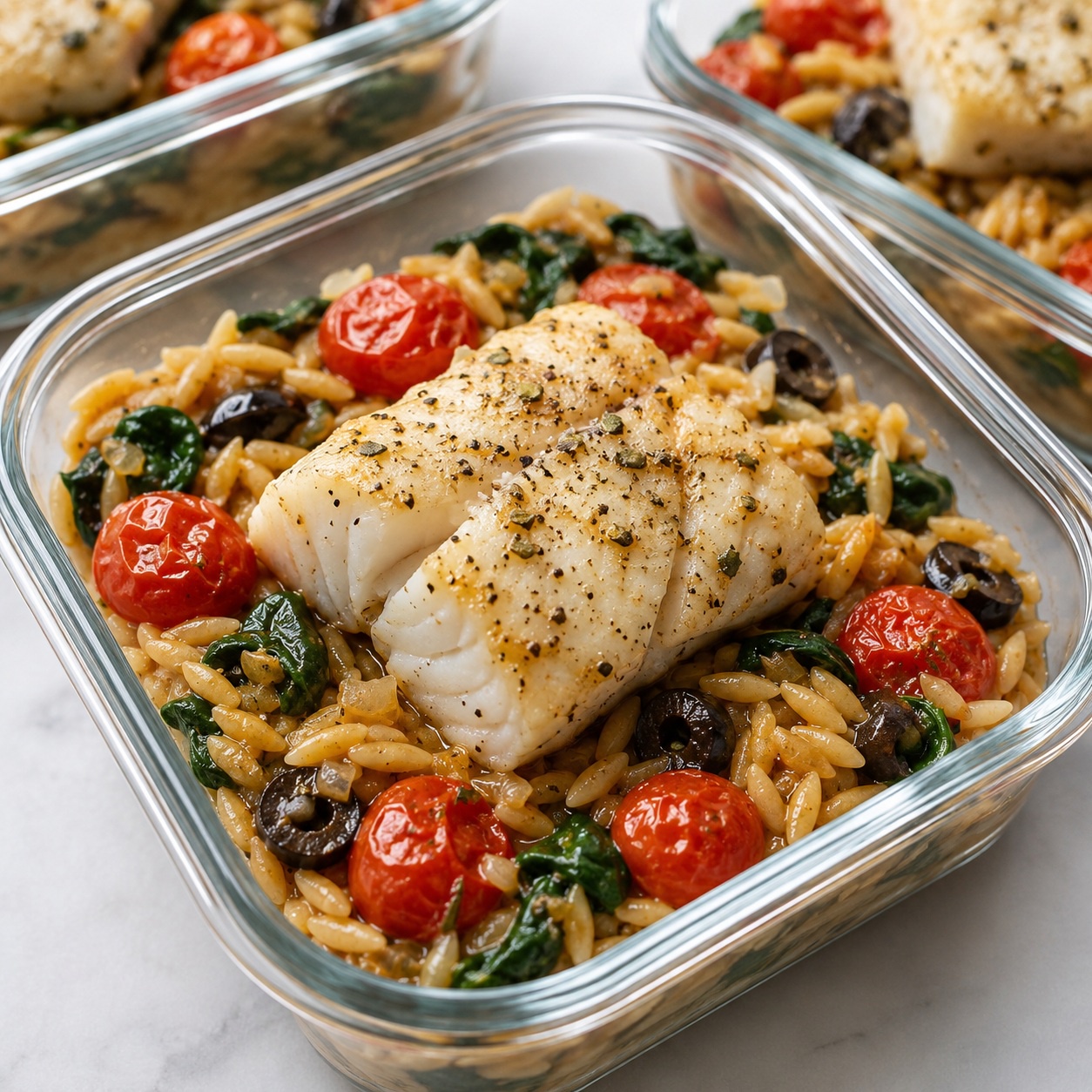 Cod with Tomato Olive Orzo