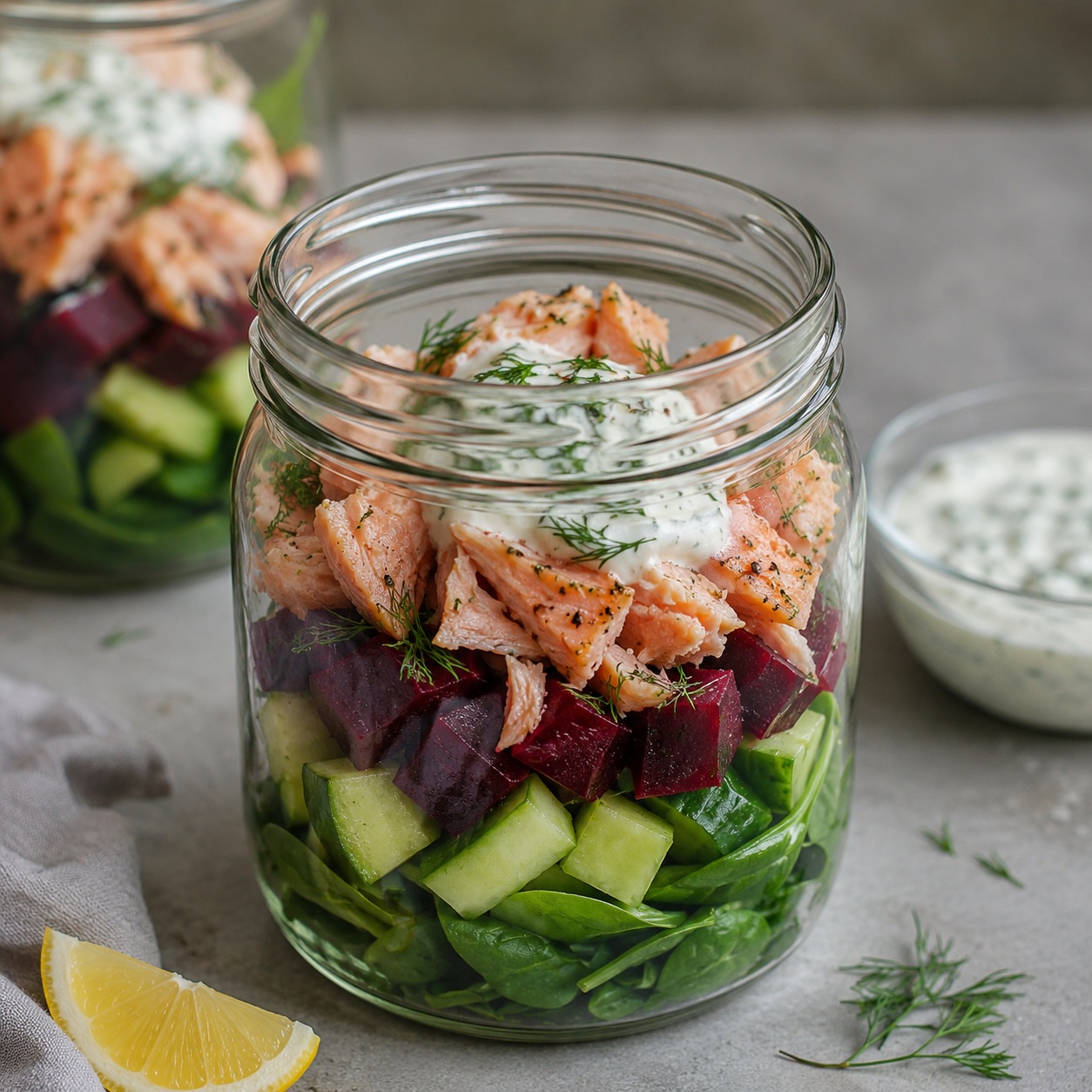 Trout and Beet Salad Jars with Dill Yogurt