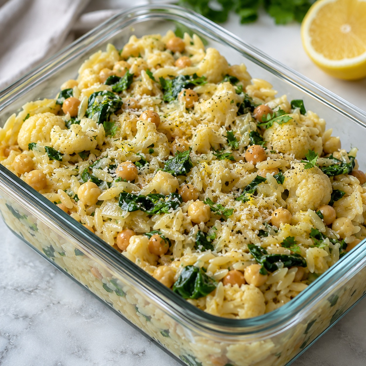 Lemon Parmesan Cauliflower Orzo Skillet