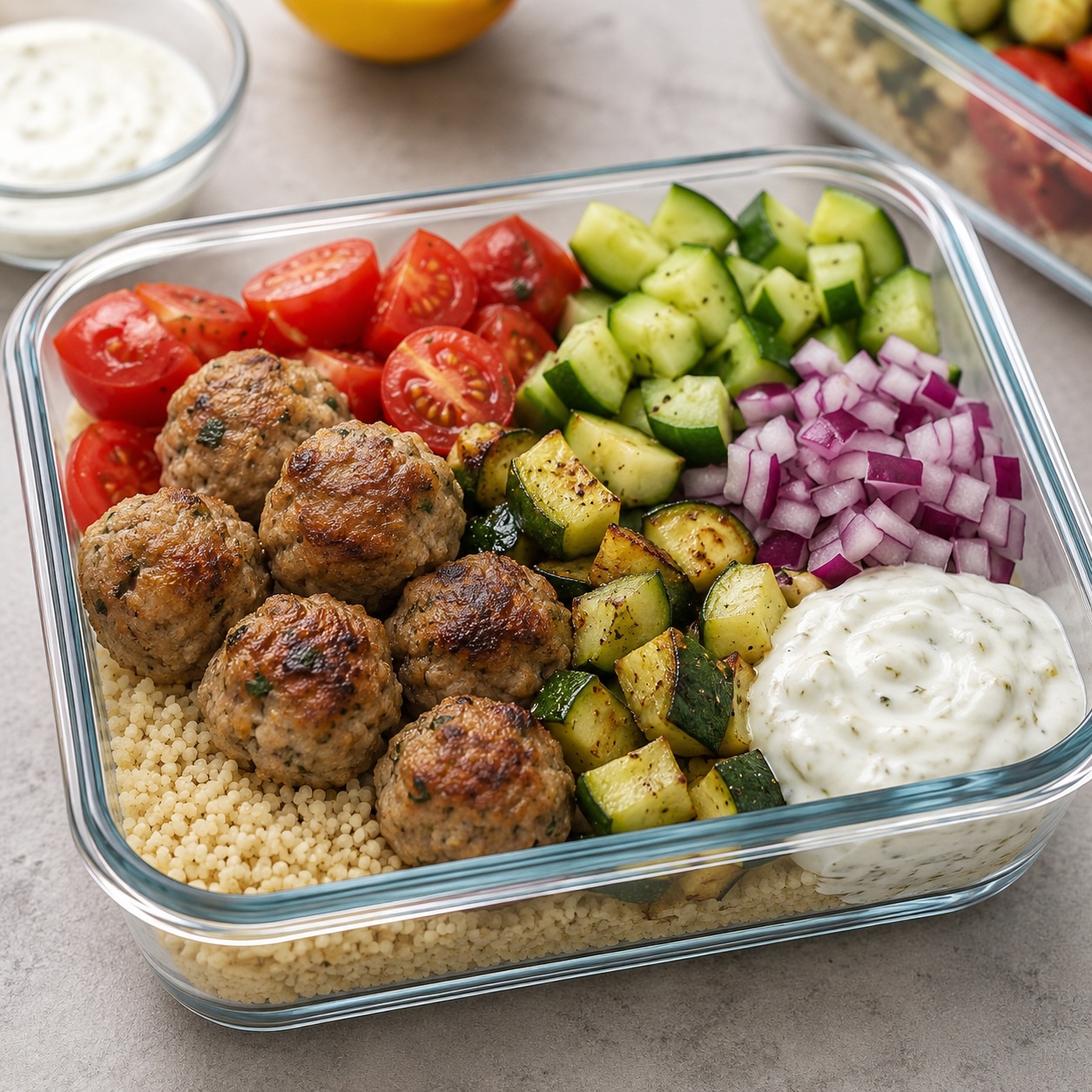 Lemon Oregano Pork Meatball Couscous Bowls