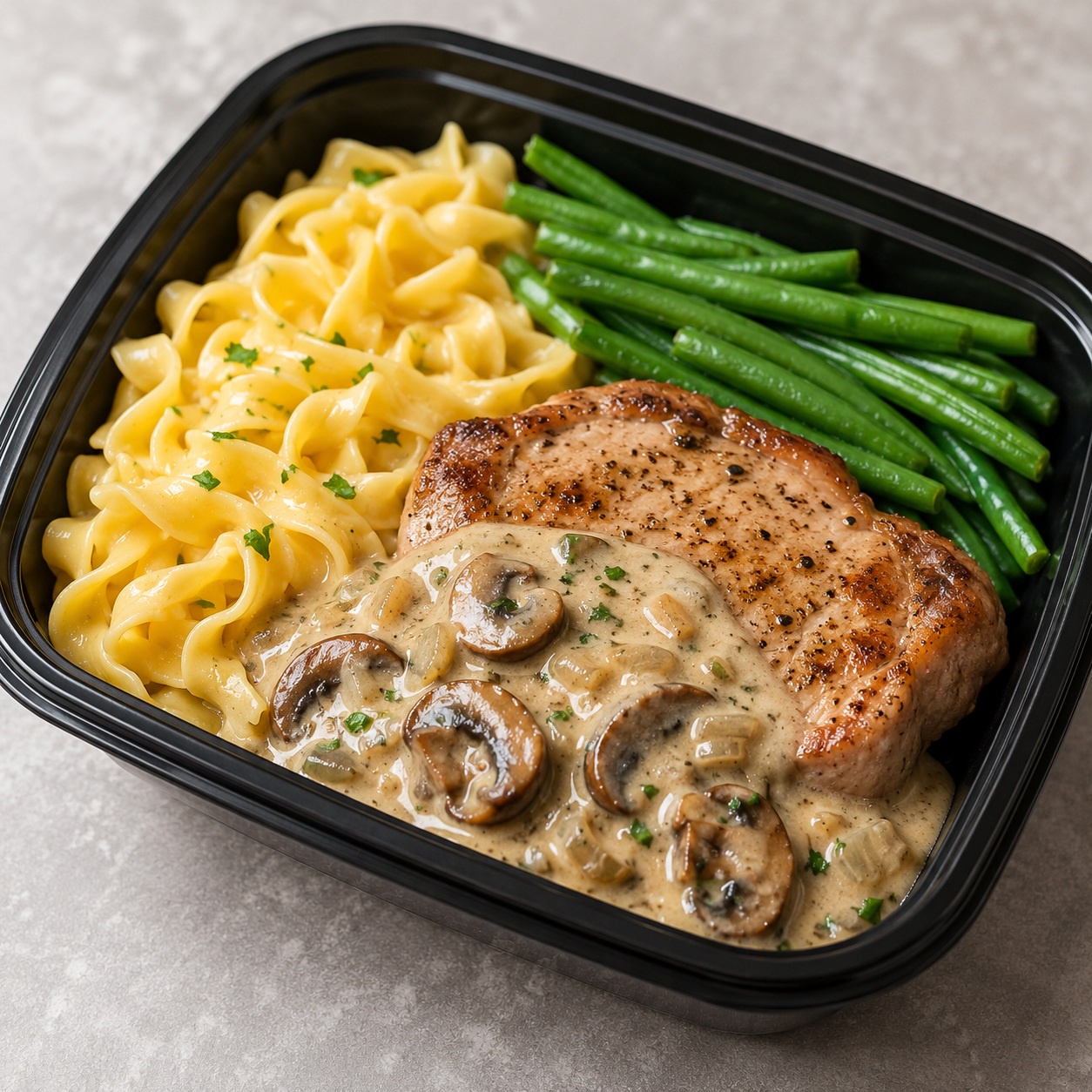 Creamy Mushroom Pork Chops with Egg Noodles and Green Beans