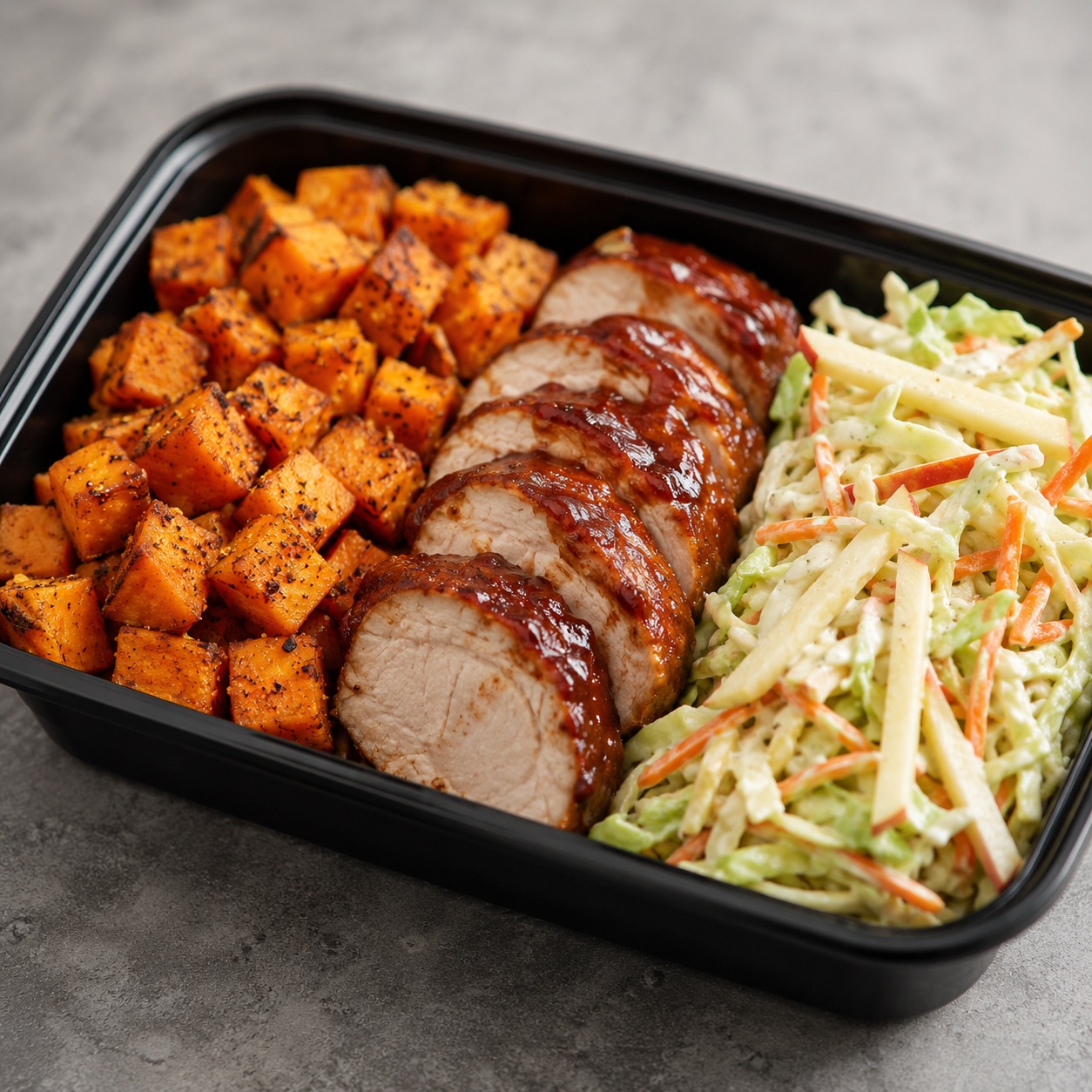 Smoky BBQ Pork Tenderloin with Sweet Potato and Crunchy Slaw