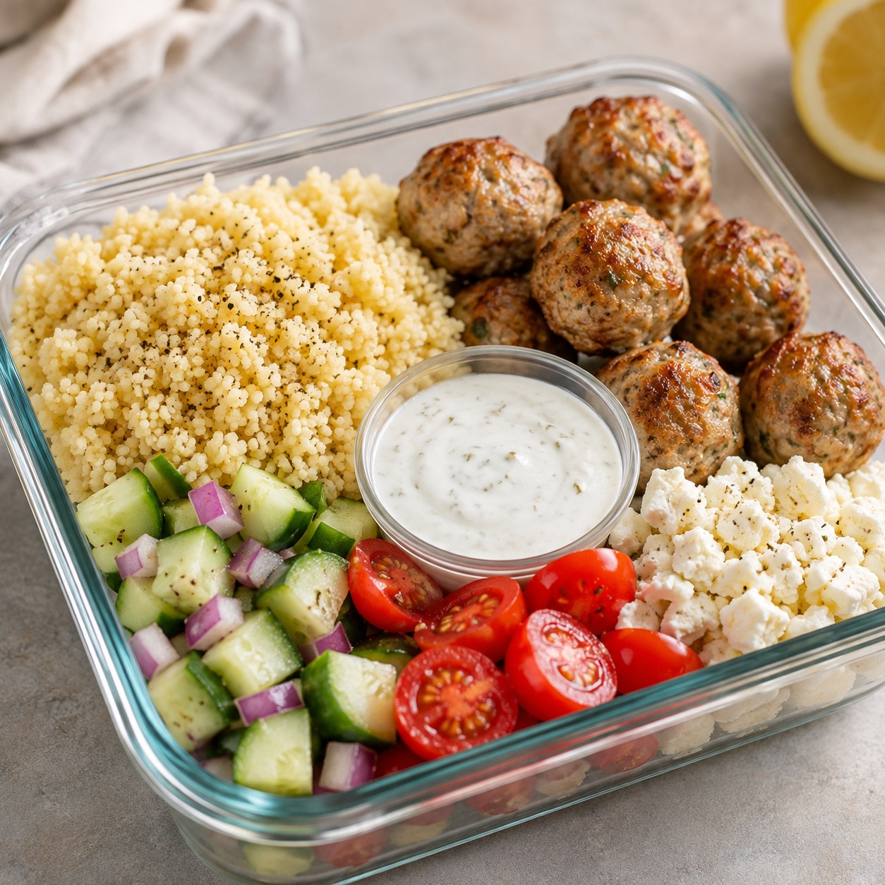 Greek-Style Ground Chicken Meatball Couscous Box