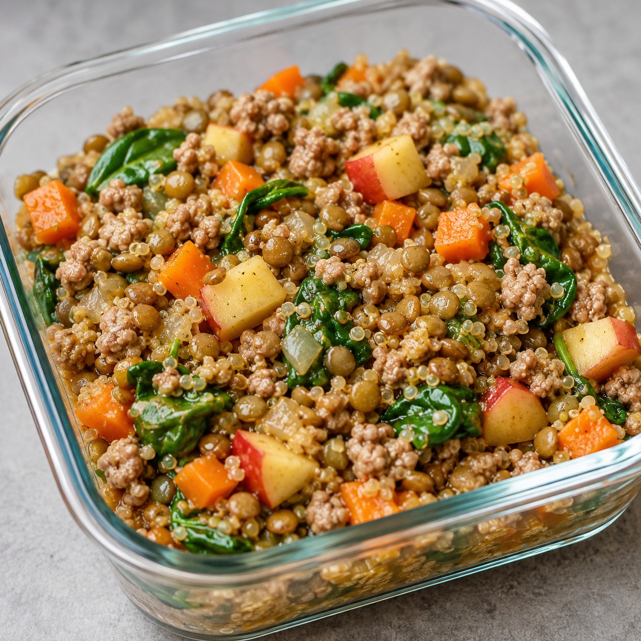 Maple Dijon Pork, Lentil and Apple Skillet