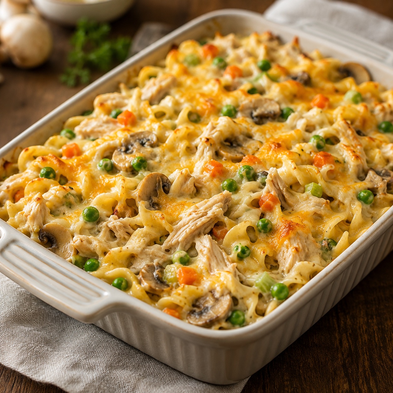 Creamy Mushroom Whole Chicken Noodle Bake