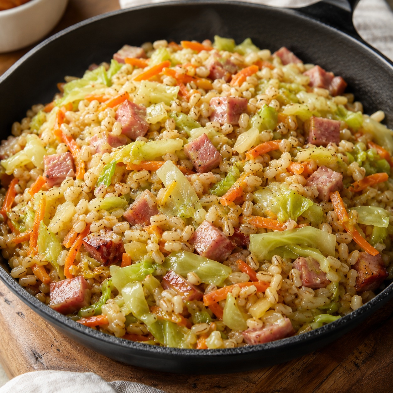 Maple-Mustard Ham and Cabbage Barley Skillet
