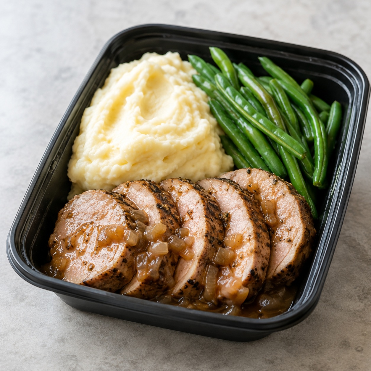 Tourtière-Spiced Pork Tenderloin with Mashed Potatoes and Green Beans