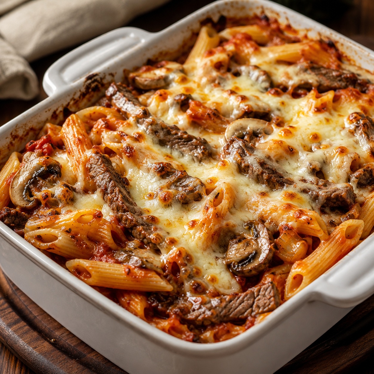 Cheesy Steak and Mushroom Pasta Bake