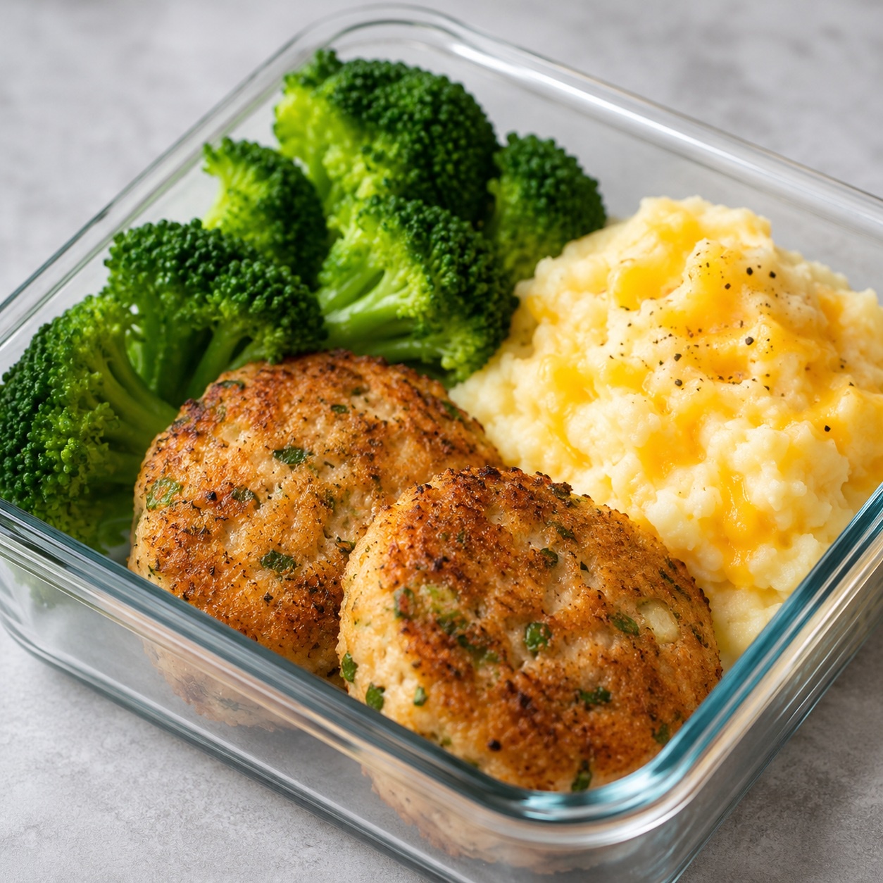 Trout Cakes with Cheddar Potato Mash and Broccoli