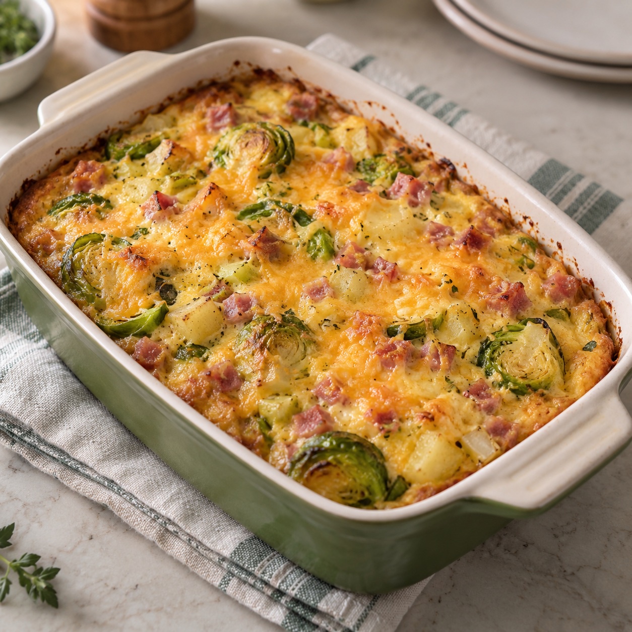 Brussels Sprout, Ham and Cheddar Egg Bake