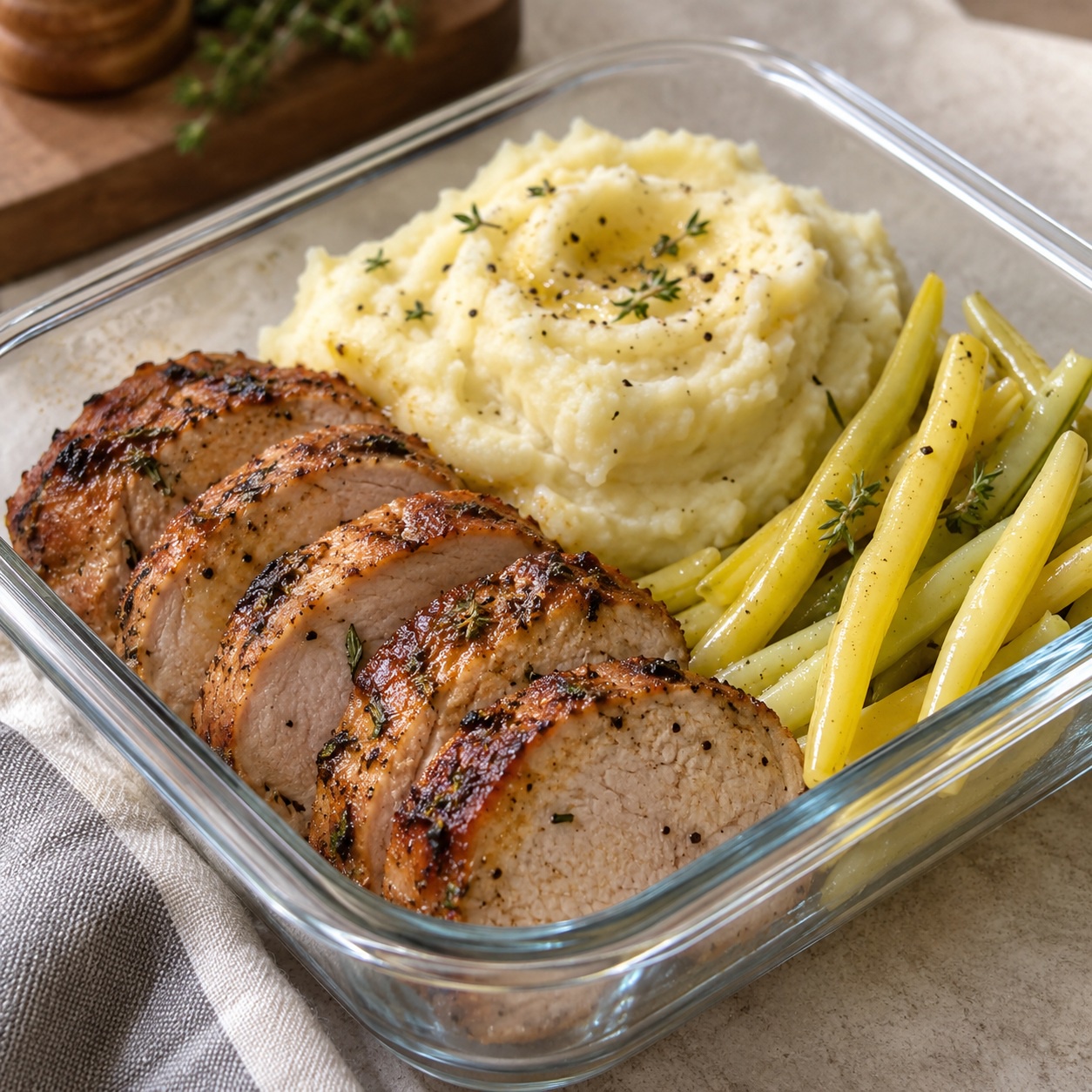 Pork Loin with Creamy Mashed Potatoes and Yellow Beans