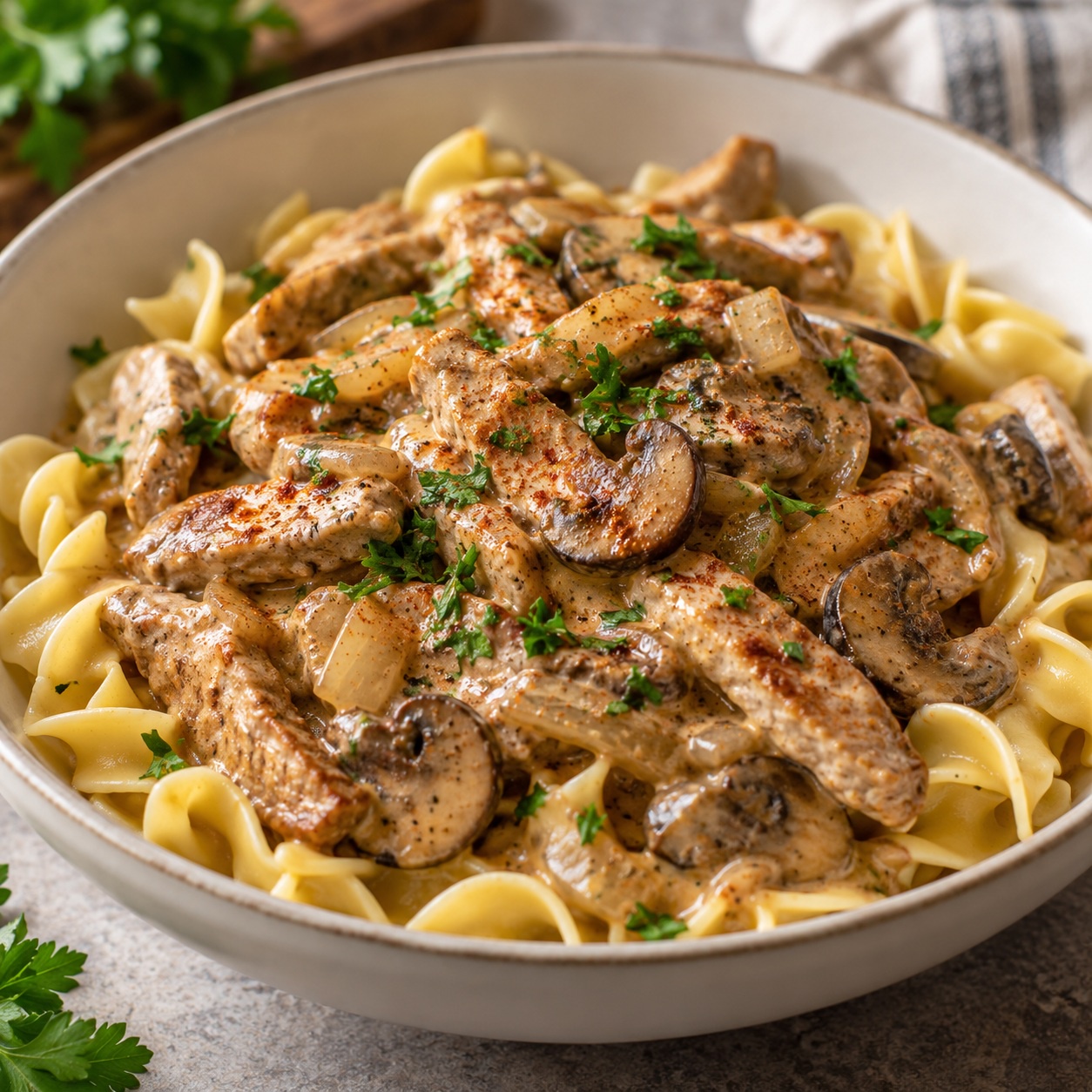 Creamy Mushroom Pork Loin with Egg Noodles