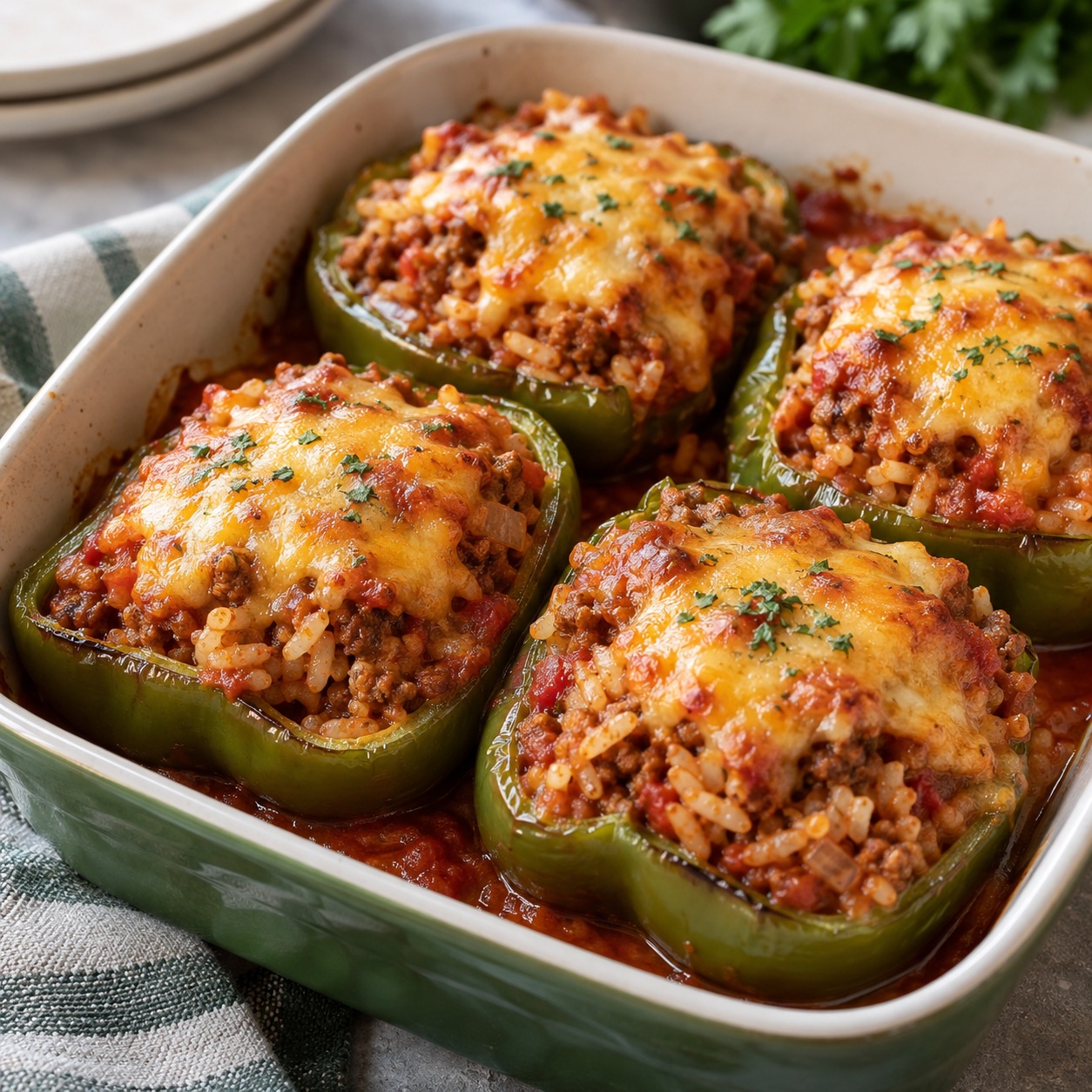 Pork-Stuffed Green Peppers with Tomato Rice