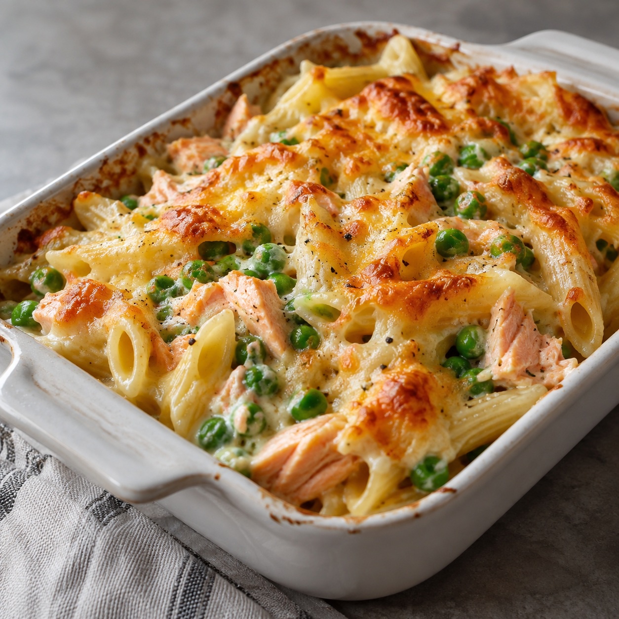 Creamy Salmon and Pea Pasta Gratin