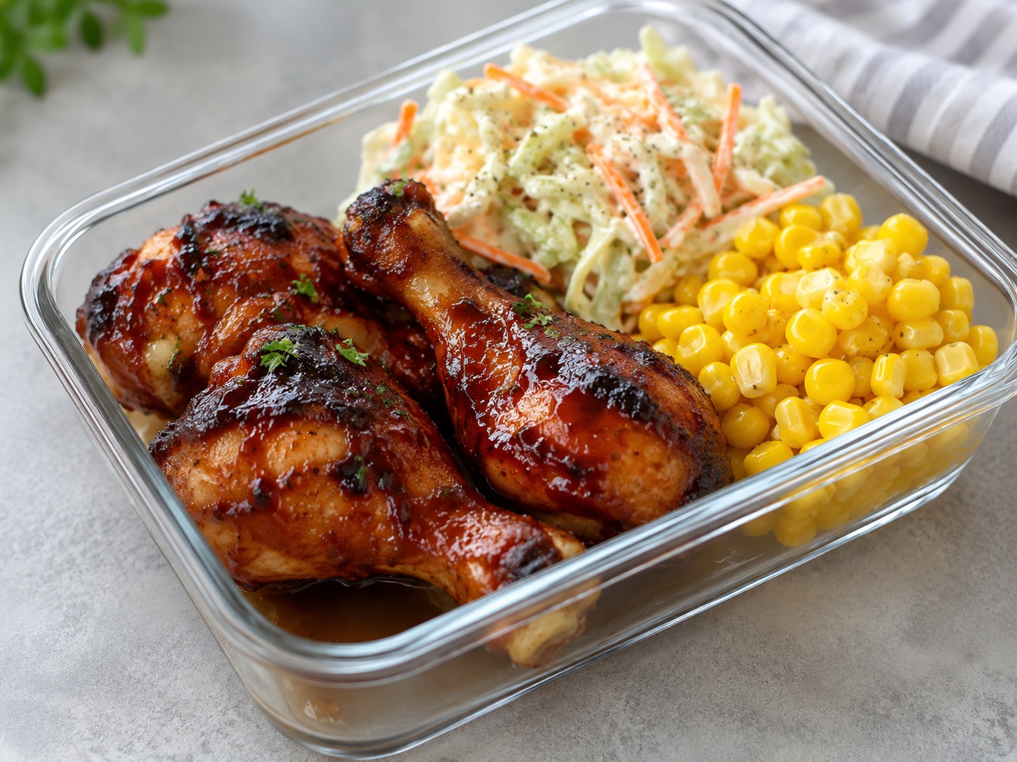 BBQ Chicken Drumsticks with Creamy Coleslaw and Corn