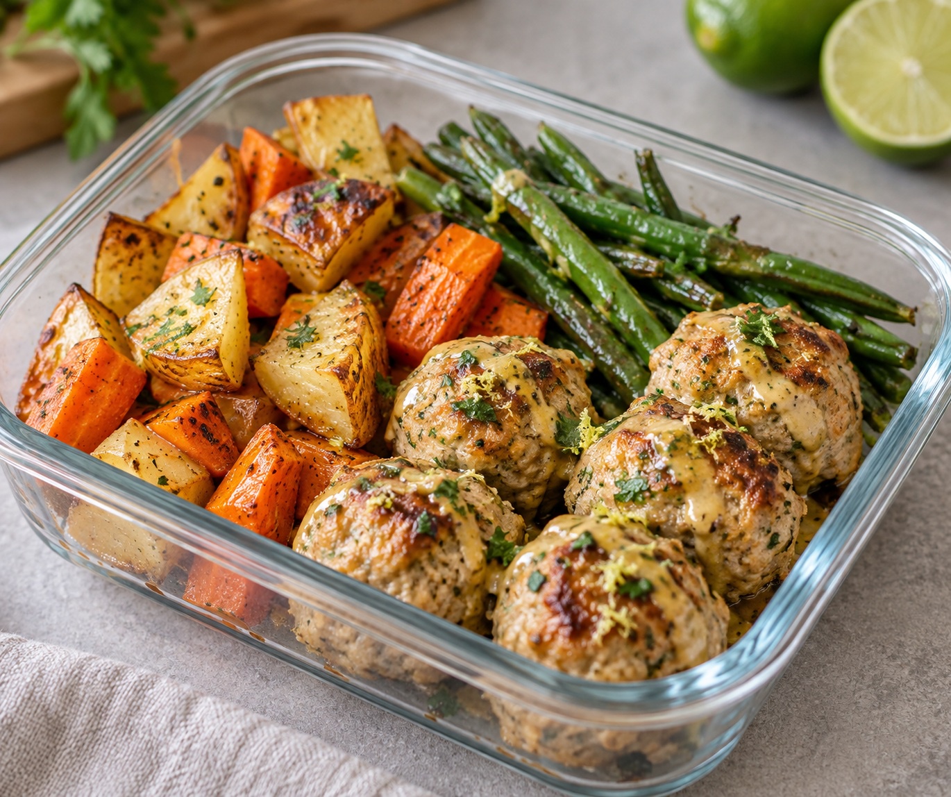 Dijon-Lime Turkey Meatballs with Roasted Potatoes and Carrots