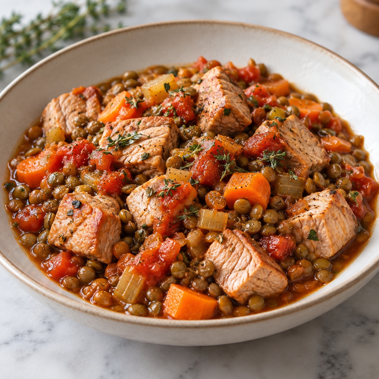 Slow-Cooker Pork Tenderloin with Tomato Herb Lentils