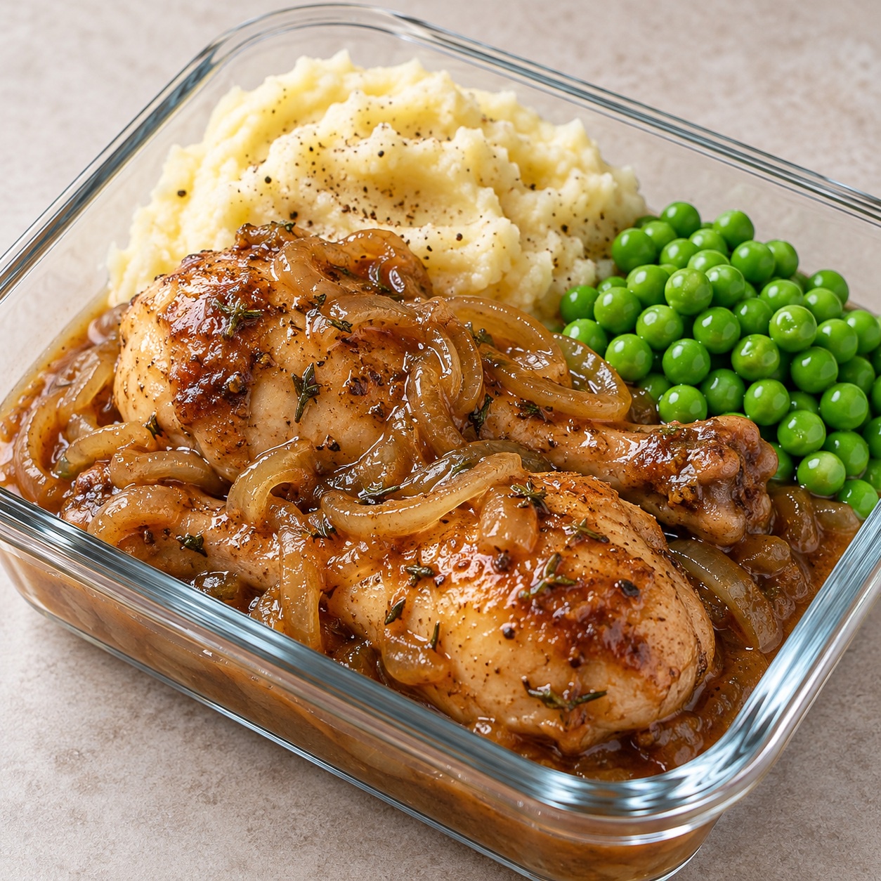 Slow-Cooker French Onion Chicken Drumsticks with Mashed Potatoes and Peas