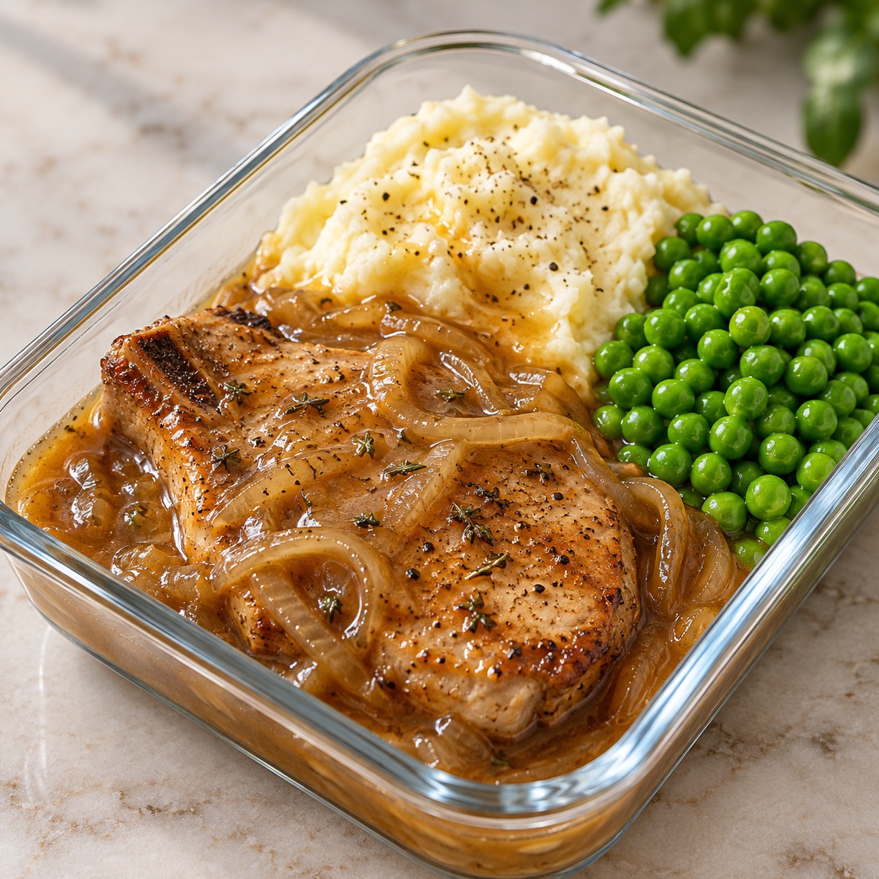 Slow-Cooker Pork Chops with Onion Gravy, Potatoes and Peas