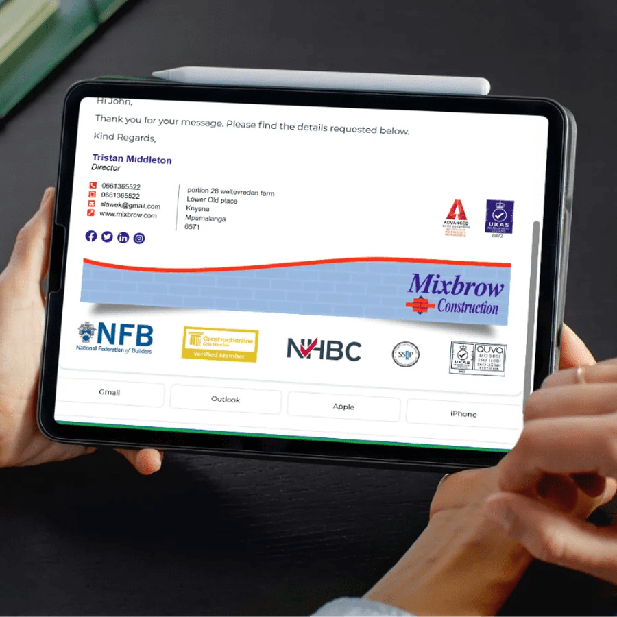 Email signature preview shown on a tablet
