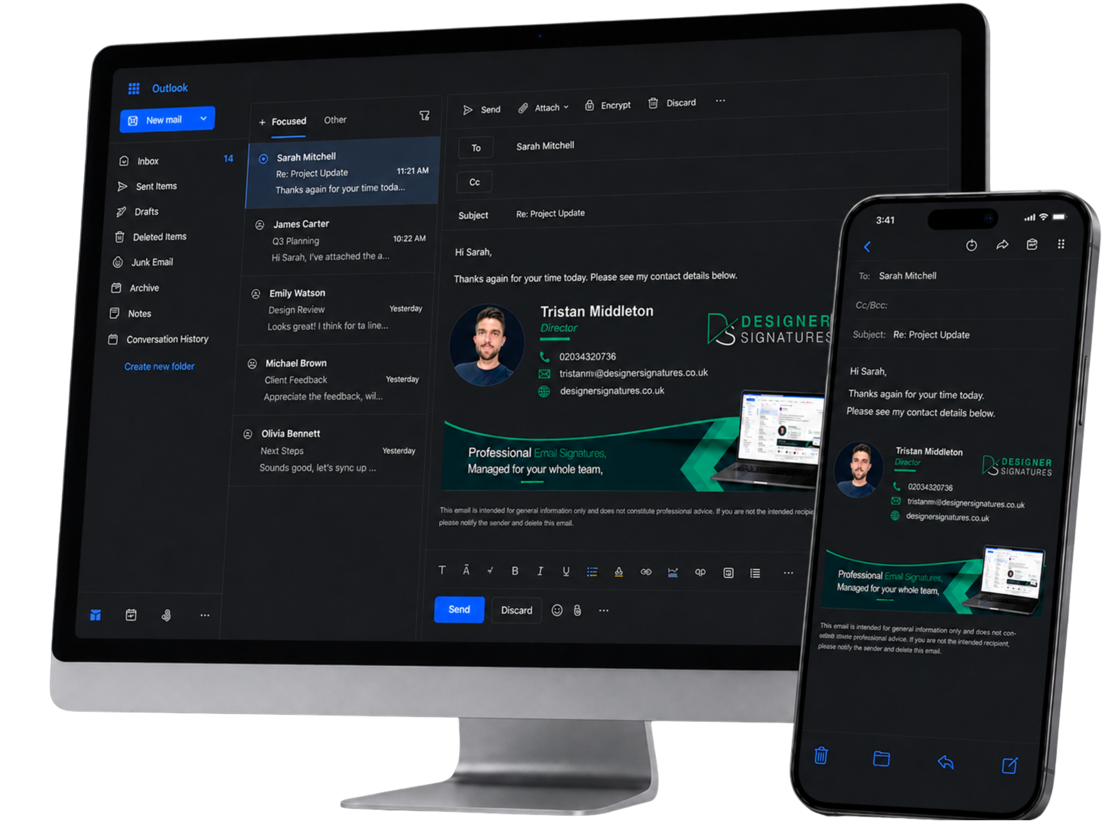 Designer Signatures email signature preview in dark mode