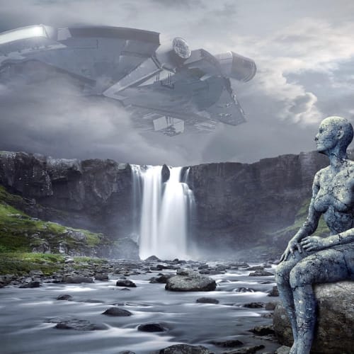 Gezegenler ve yıldızlarla dolu bir evren görseli, uzaylı teknolojileri ve insanlığın geleceği arasındaki potansiyel bağlantıyı temsil ediyor.