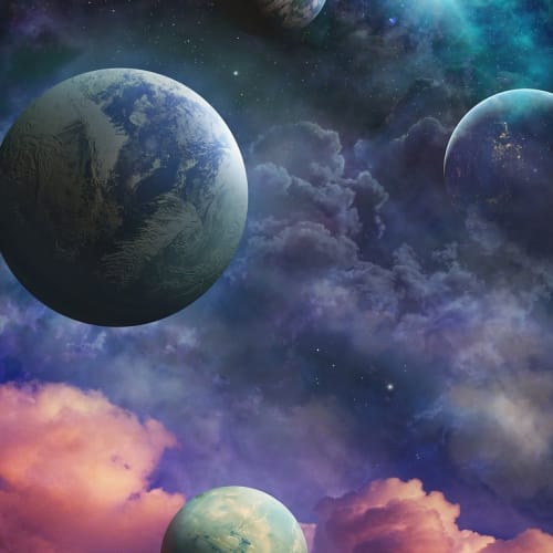 Gezegenlerin atmosferlerini gösteren bir görsel, farklı gezegenlerin renklerini ve bulut yapılarını vurguluyor.