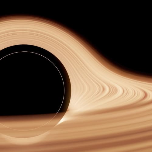 Bir kara deliğin etrafındaki uzay-zamanın bükülmesini gösteren sanatsal bir görsel.