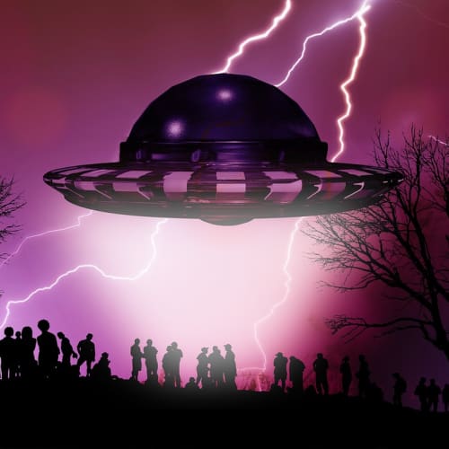 UFO'nun gece gökyüzünde belirsiz bir şekilde süzülürken gösterildiği bir görsel. Bu görsel, uzaylı teknolojileri ve UFO gözlemleri hakkındaki tartışmaları temsil etmektedir.