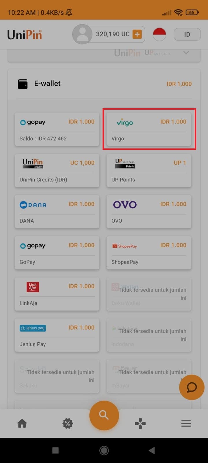 Membeli item atau voucher game di UniPin dengan Virgo