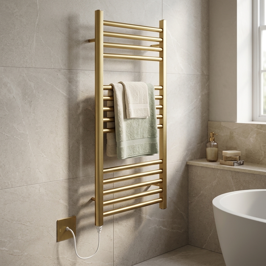 York flat brushed brass electric heated towel rail PTC element multiple sizes bathroom radiator
