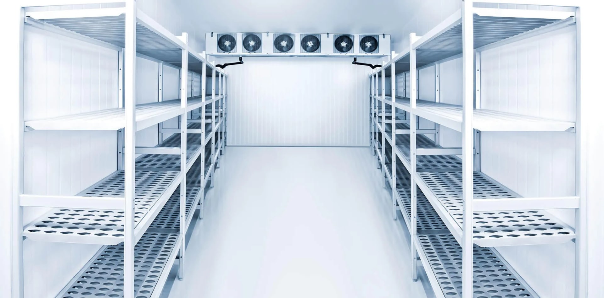 Interior de cámara frigorífica industrial con estanterías y evaporadores para conservación de alimentos