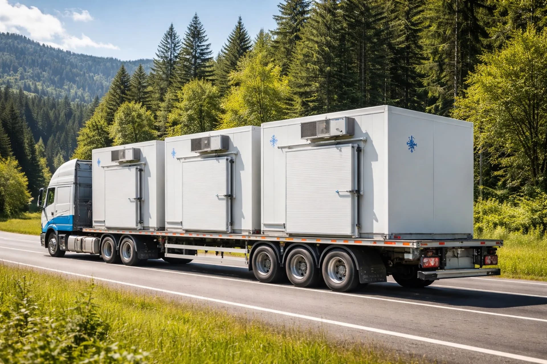 Camión transportando cámaras frigoríficas modulares por carretera en zona sur de Chile con bosques nativos