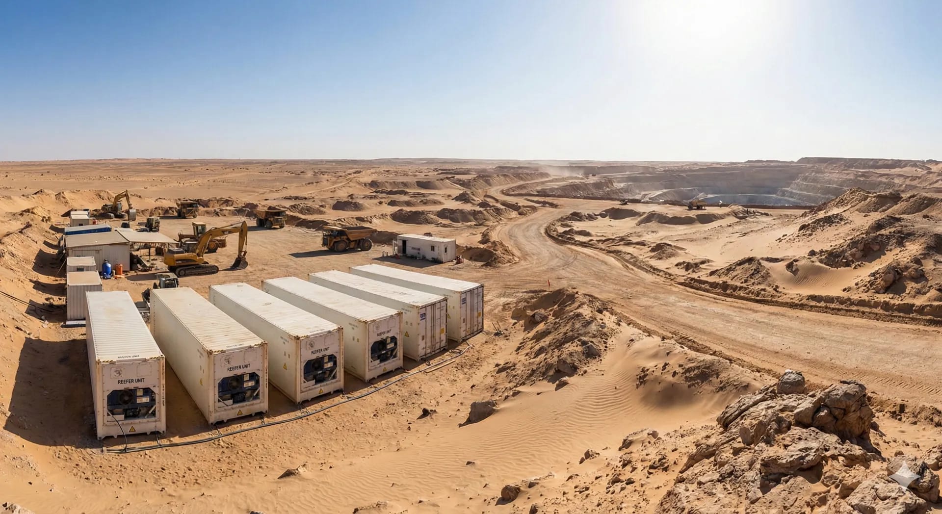 Contenedores reefer refrigerados en faena minera del desierto de Atacama, zona norte de Chile
