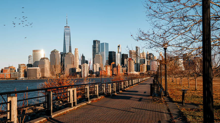 An image of a cityscape, urban, and street in a park.