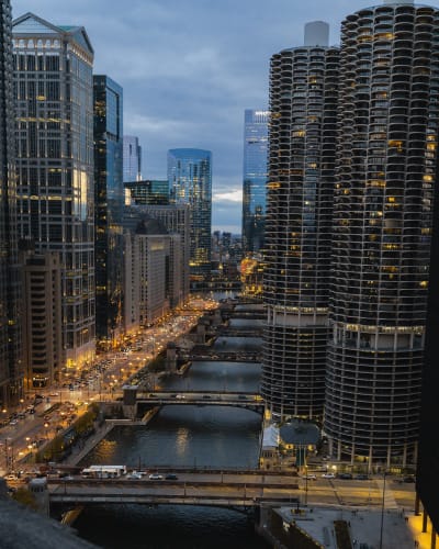 An image of a cityscape, urban, and architecture in a evening.