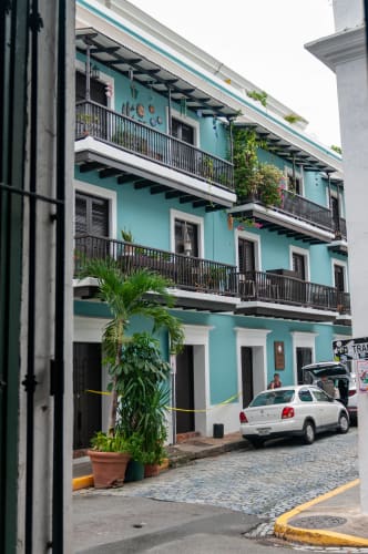 An image of a street, architecture, and gardens in a city.