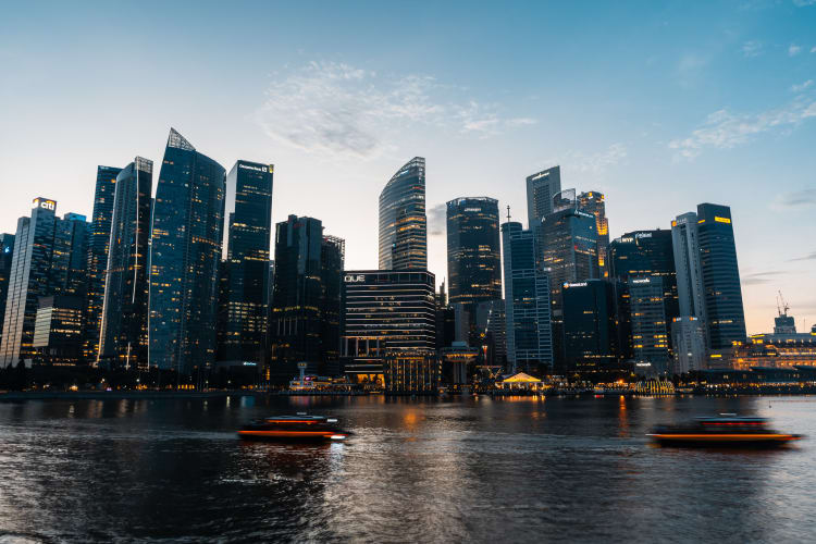 An image of a cityscape and architecture in a evening.