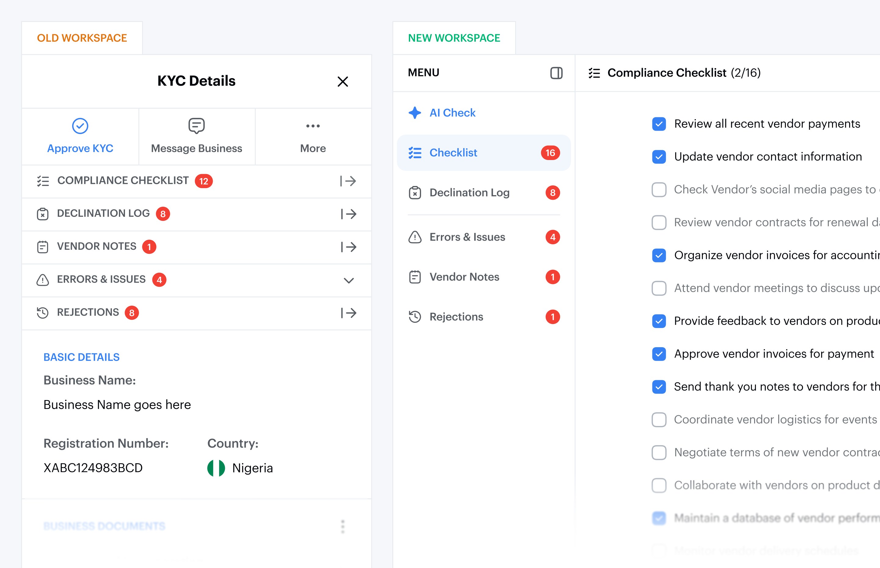 KYC evolved from a constrained side panel into a full review workspace, giving deeper review tools room to grow without losing the core business context.