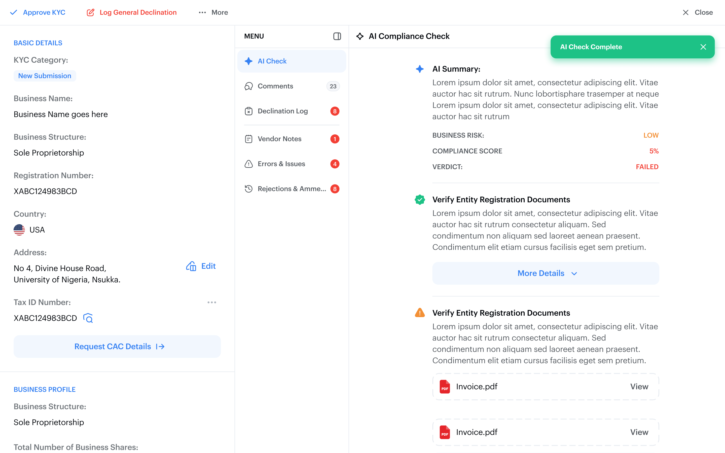 Once complete, the AI review surfaces a structured summary, risk signals, and supporting checks for the reviewer to compare against their own findings.