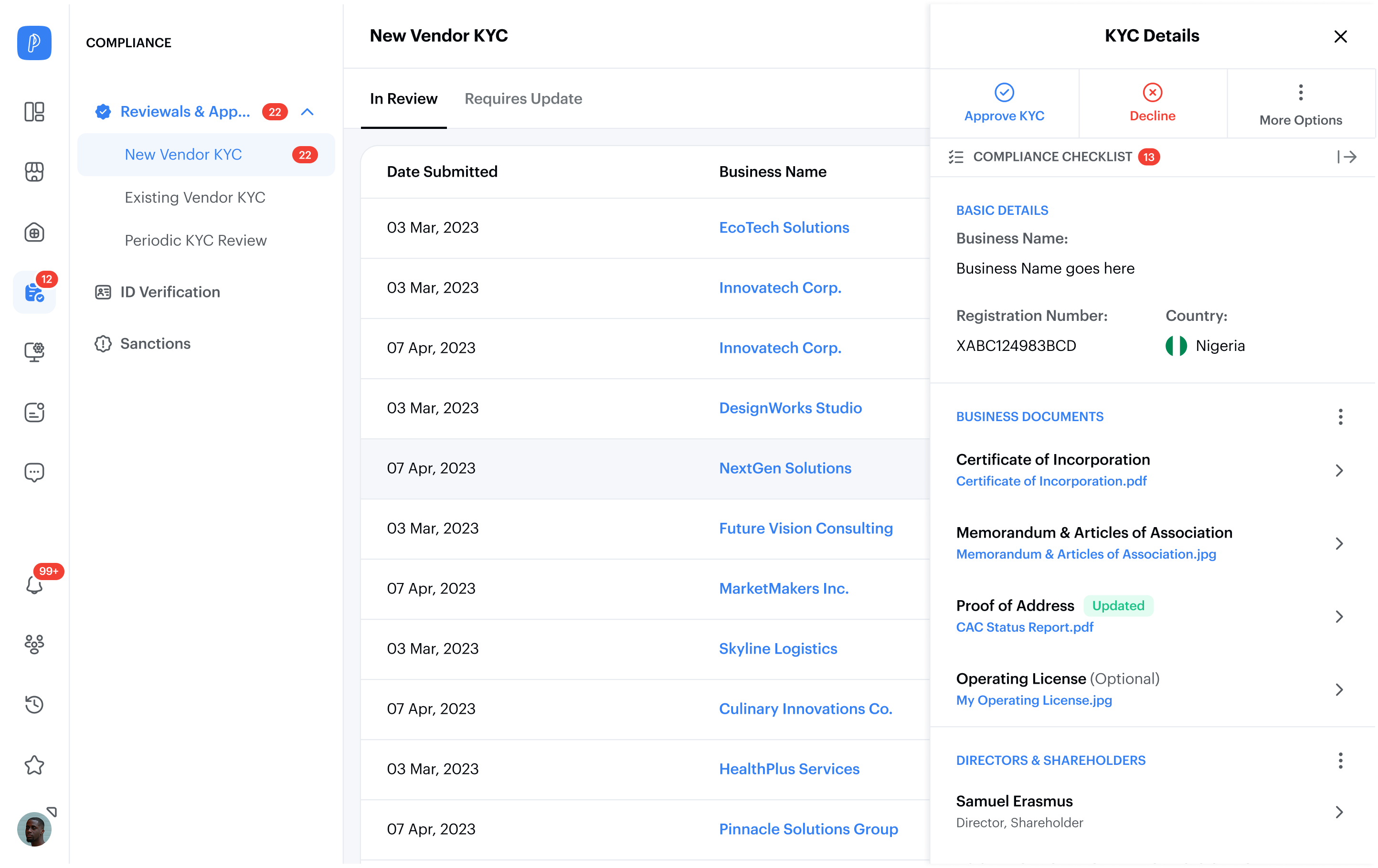 KYC review evolved into a layered side panel, giving reviewers more room to inspect each part of a submission and open deeper context when needed.