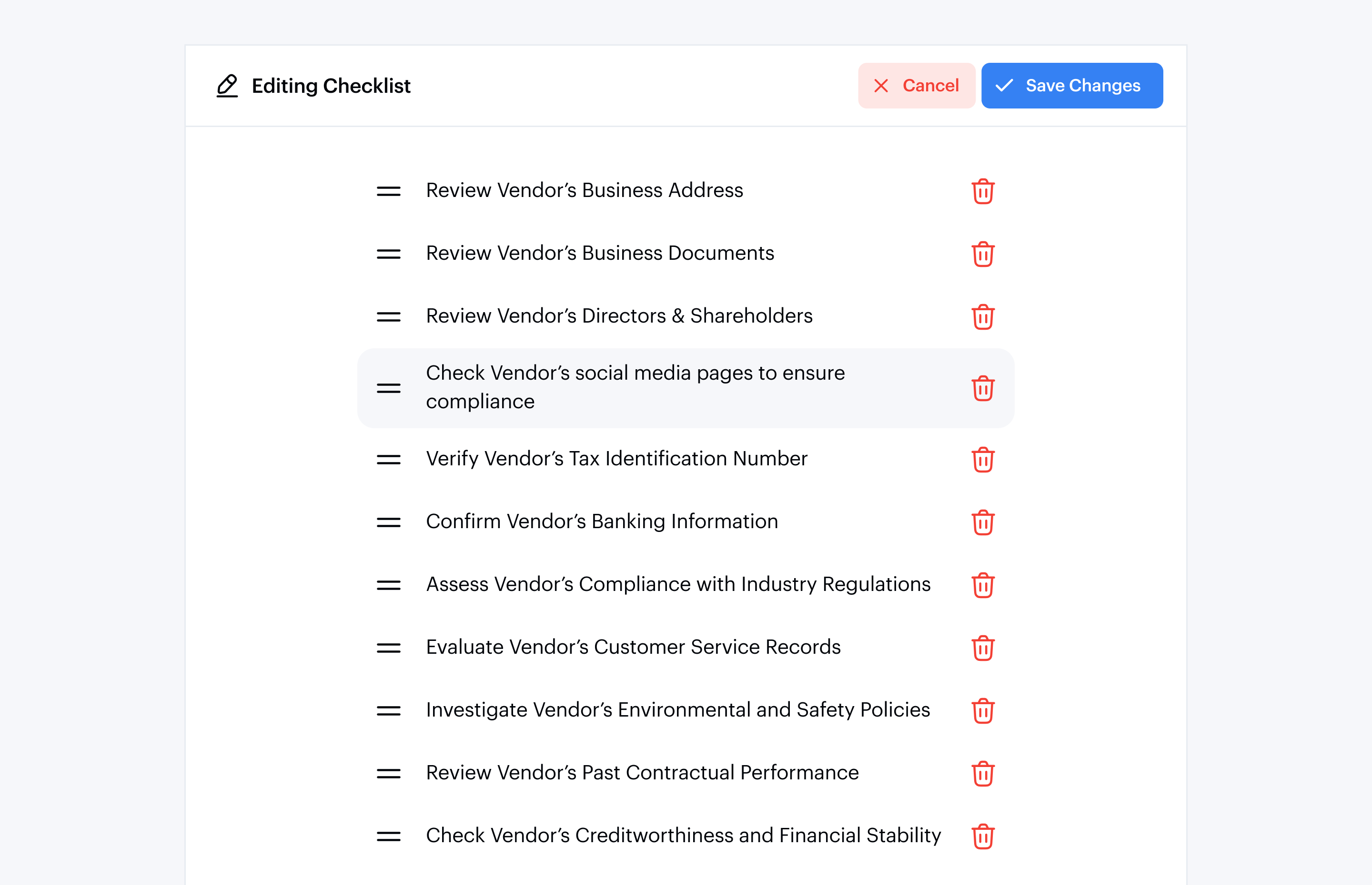 Authorised reviewers could update the checklist as requirements changed, keeping the team aligned around a single shared review process.