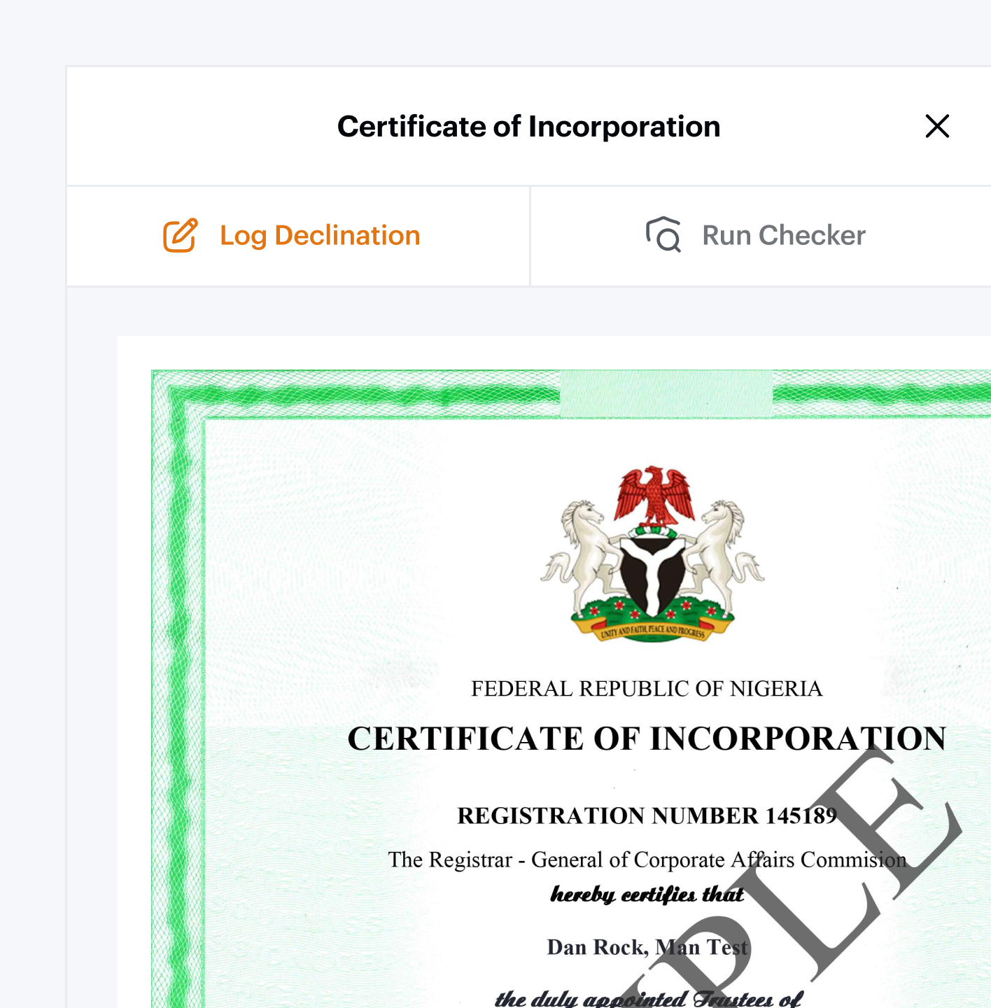 Declination form beside the relevant KYC item