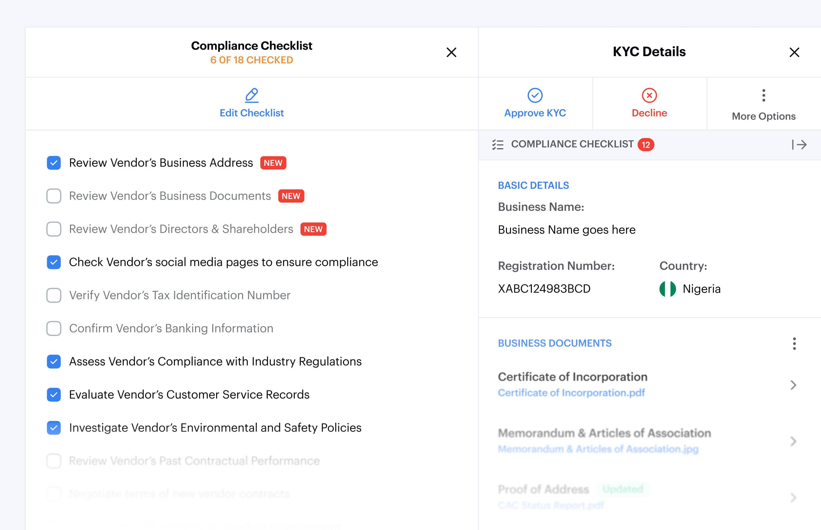 The shared compliance checklist turned recurring KYC checks into a required part of the approval workflow.