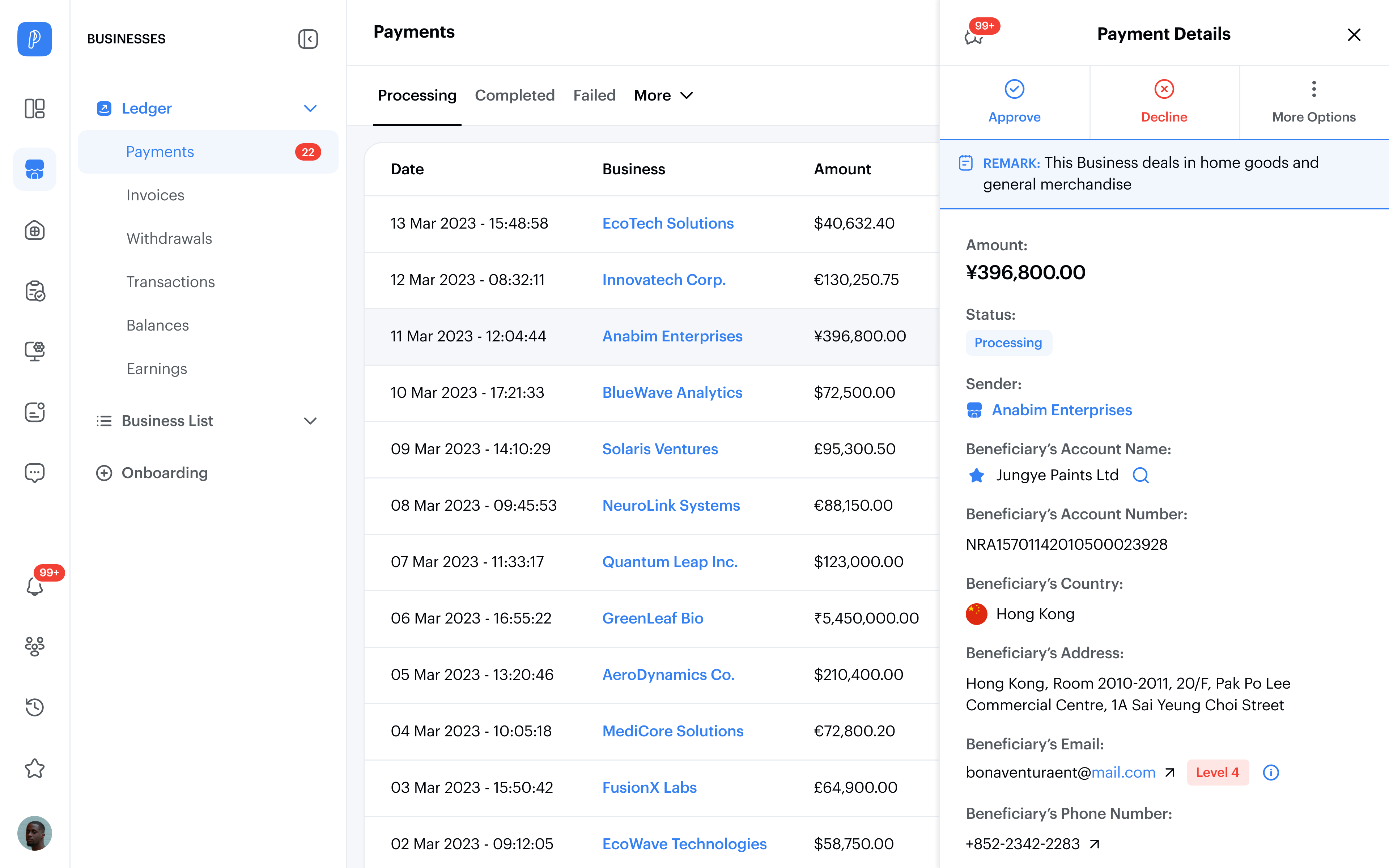 Payment review side panel