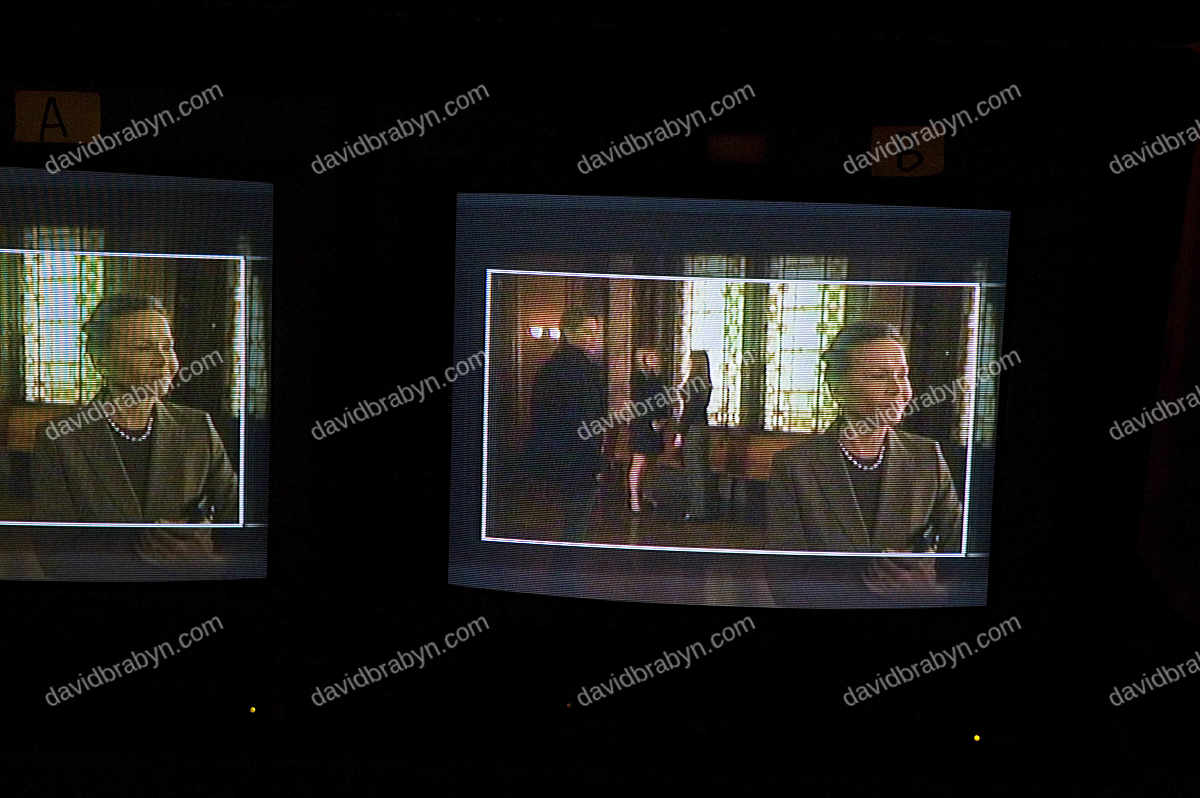 French actress Leslie Caron (R) is seen acting a scene on a control monitor on the studio set of television show "Law & Order: SVU" in North Bergen, USA, 8 May 2006.