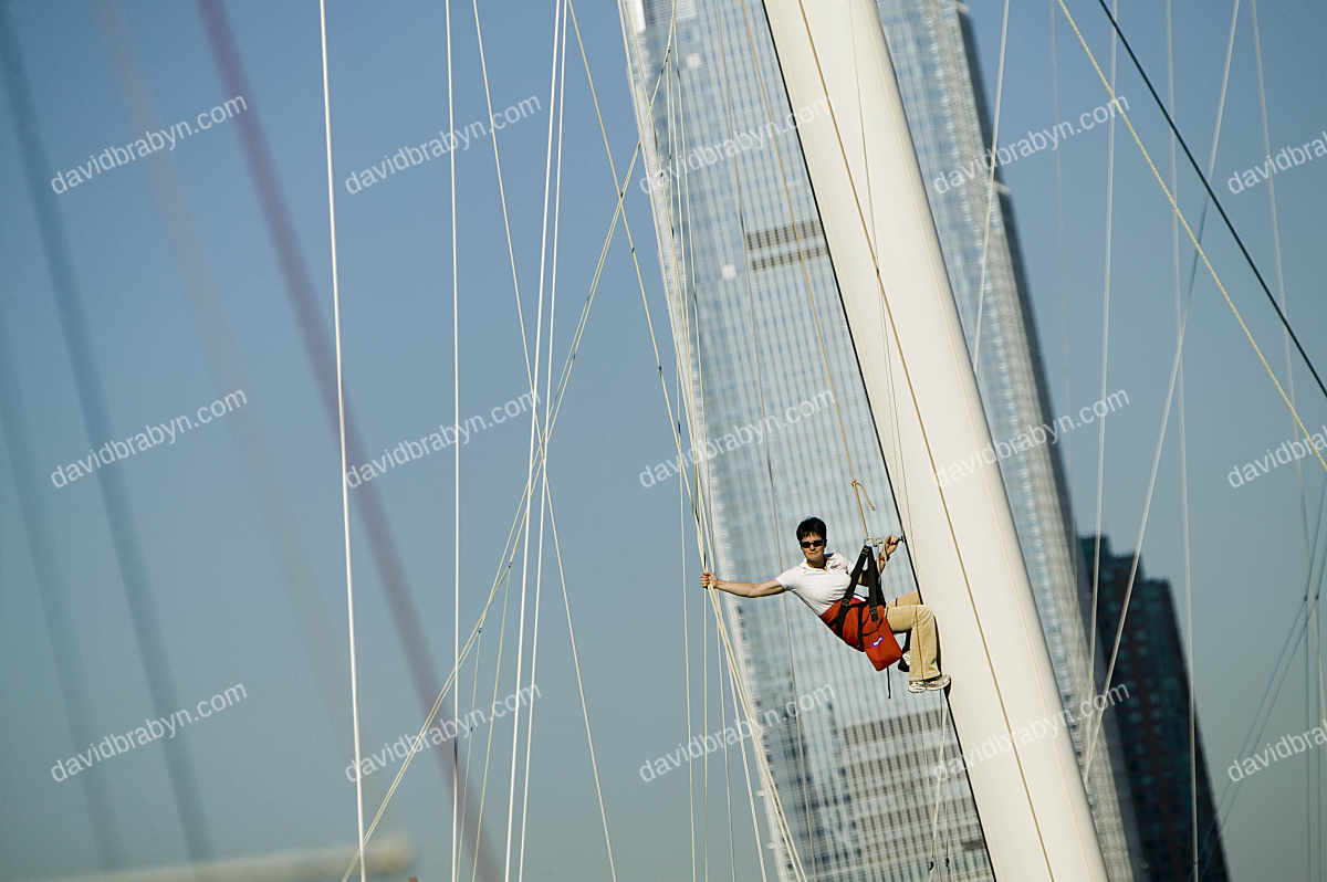 British sailor Ellen MacArthur with her boat in New York, USA 2005